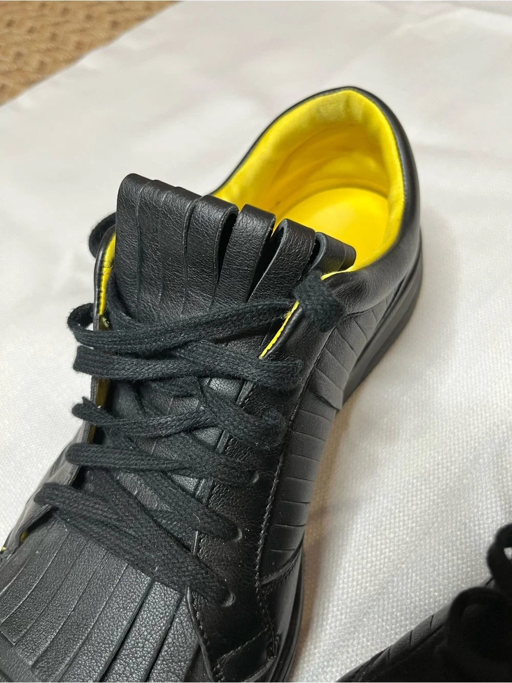 Gucci Black Leather Sneakers with Yellow Interior and Fringe Tongue